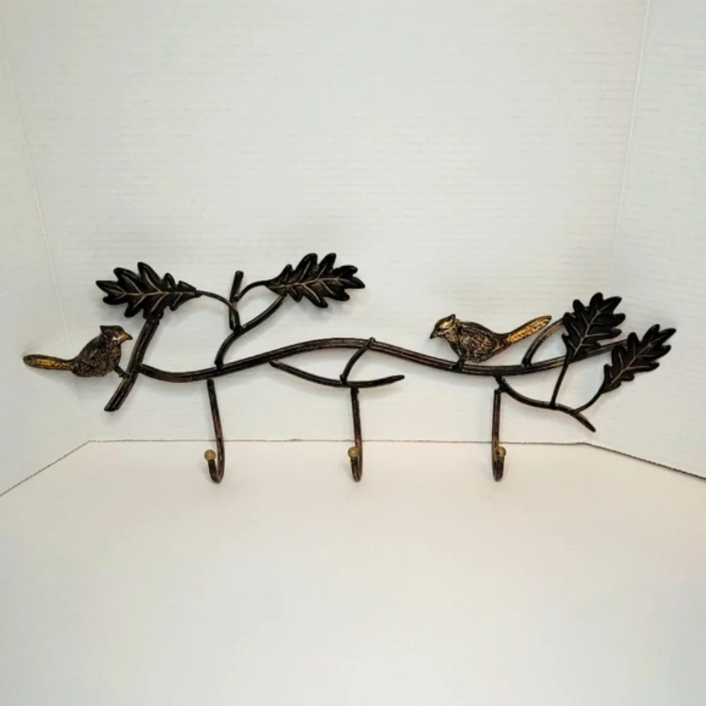Decorative Birds On A Branch Rustic Metal Functional Wall Decor with Three Hooks